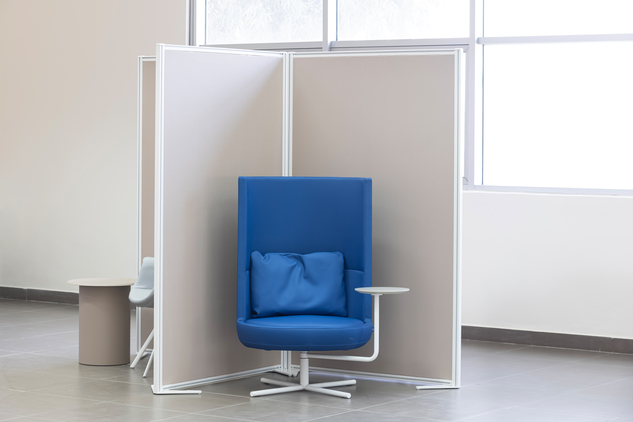 Split partition by Actiu+round armchair+drage table by B&T